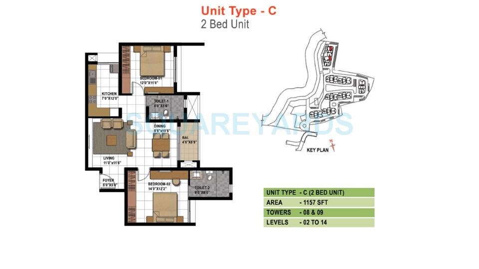 Floor plan of 2 BHK 1157 Sq. Ft. Apartment in Prestige Temple Bells, Bangalore