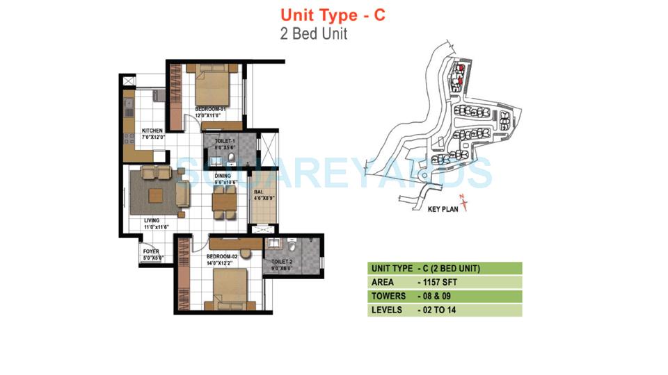 Floor plan of 2 BHK 1157 Sq. Ft. Apartment in Prestige Bagamane Temple Bells, Bangalore