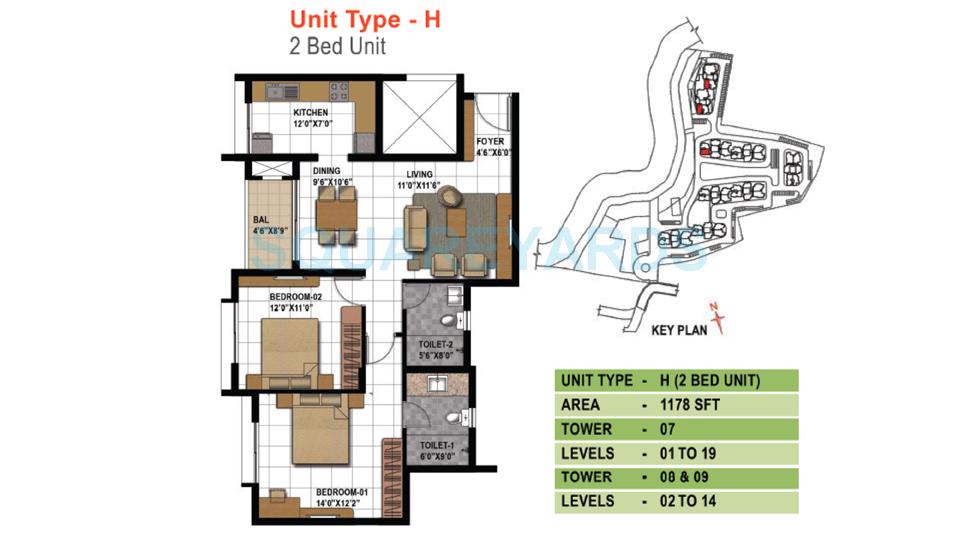 Floor plan of 2 BHK 1178 Sq. Ft. Apartment in Prestige Bagamane Temple Bells, Bangalore