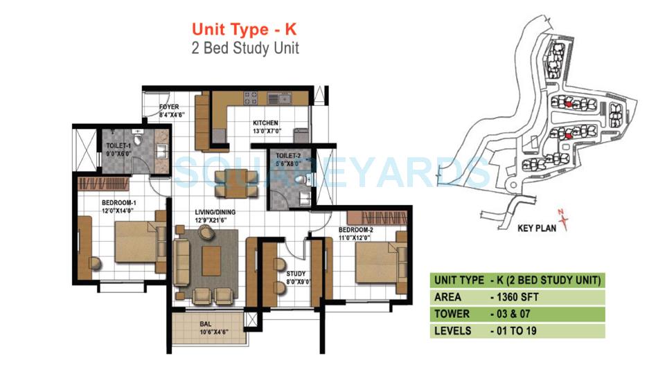 Floor plan of 2 BHK 1360 Sq. Ft. Apartment in Prestige Bagamane Temple Bells, Bangalore