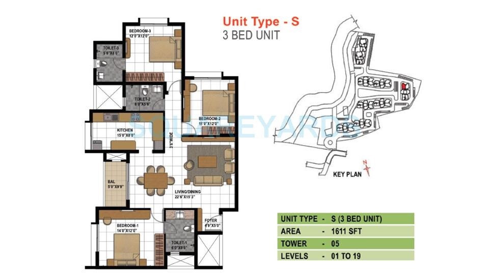 Floor plan of 3 BHK 1611 Sq. Ft. Apartment in Prestige Temple Bells, Bangalore