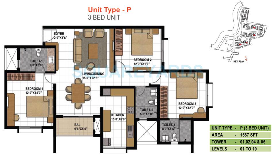 Floor plan of 3 BHK 1587 Sq. Ft. Apartment in Prestige Bagamane Temple Bells, Bangalore