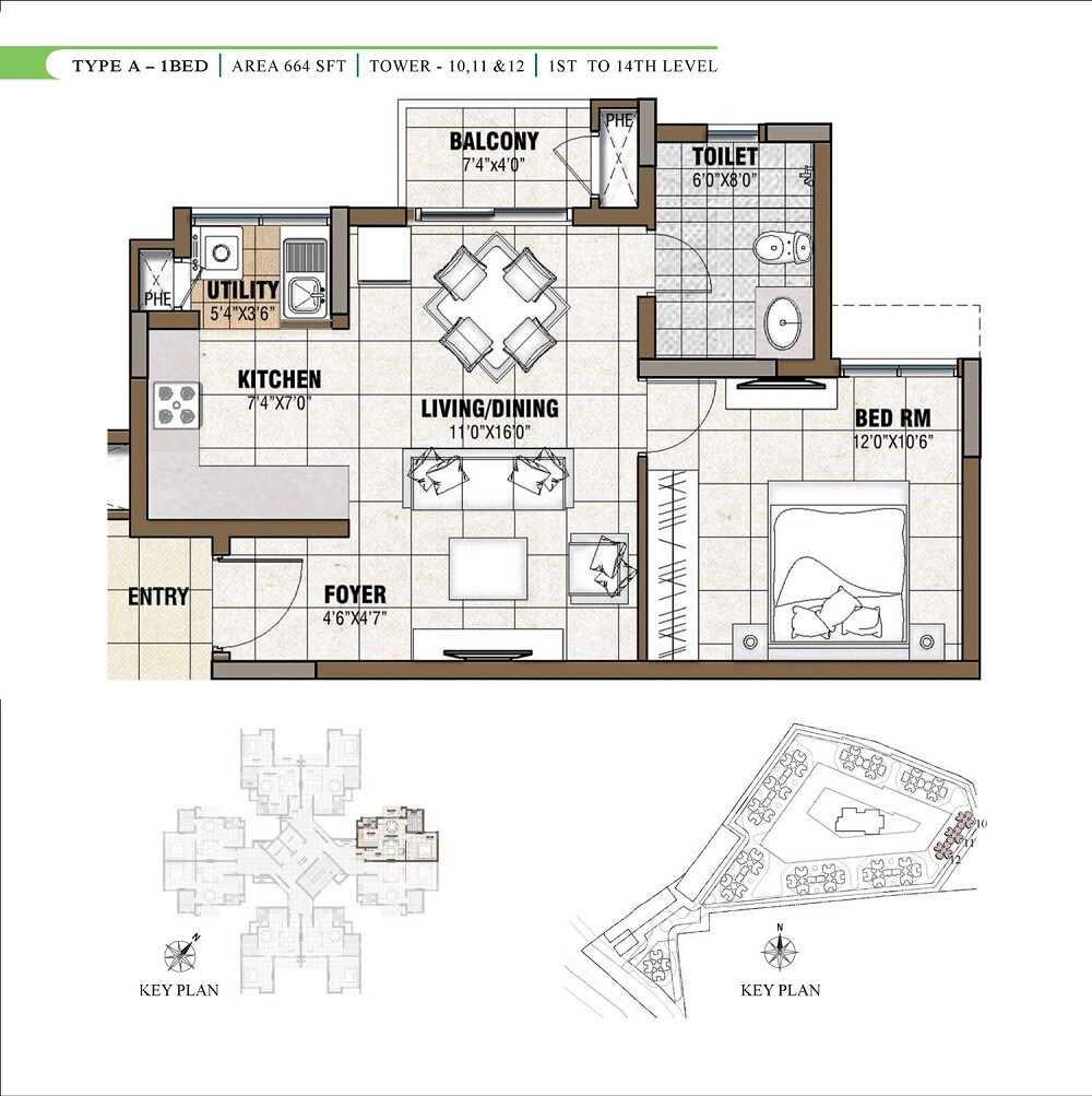 Floor plan of 1 BHK 664 Sq. Ft. Apartment in Prestige Tranquility, Bangalore