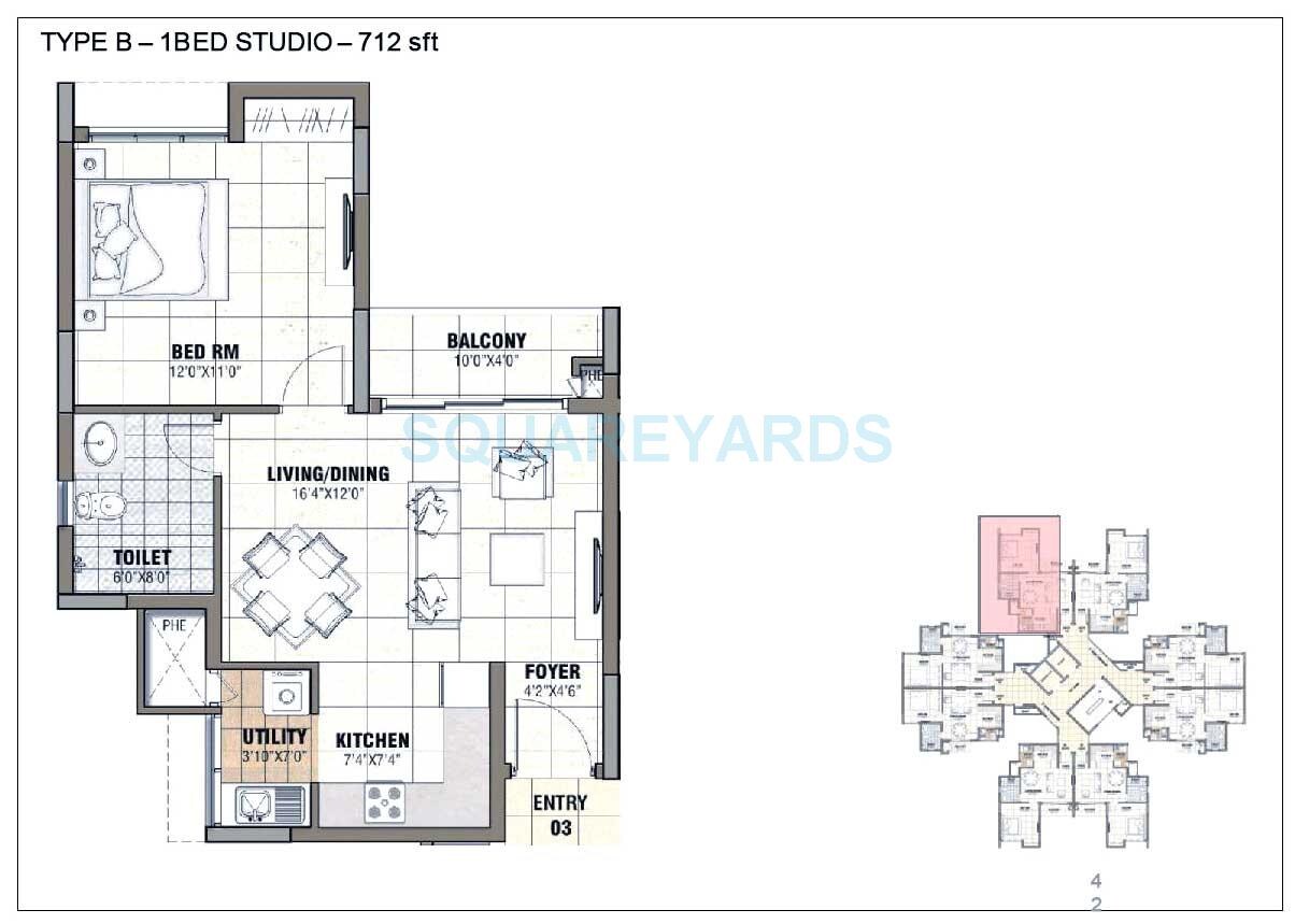 Floor plan of 1 BHK 712 Sq. Ft. Apartment in Prestige Tranquility, Bangalore
