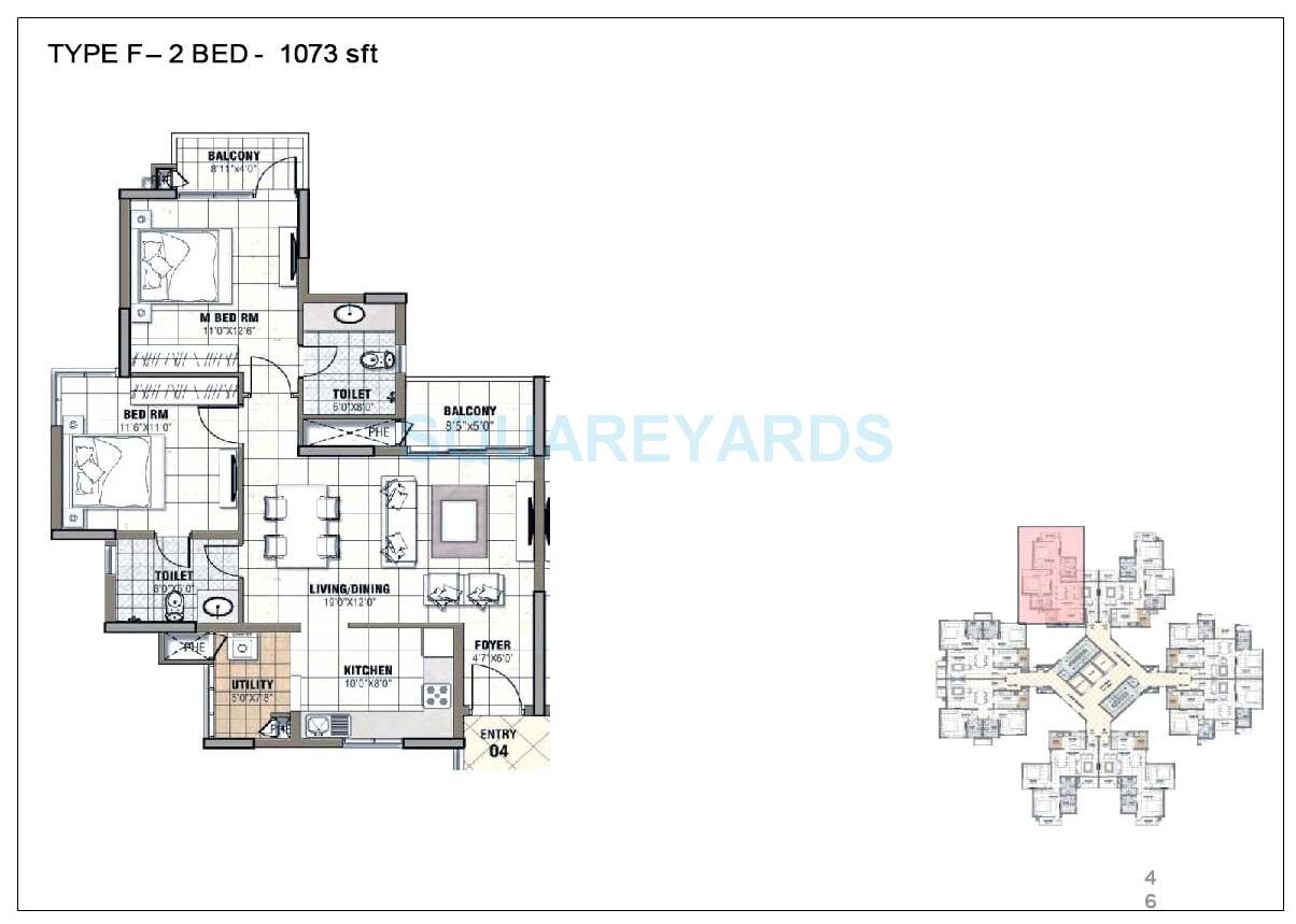 Floor plan of 2 BHK 1073 Sq. Ft. Apartment in Prestige Tranquility, Bangalore