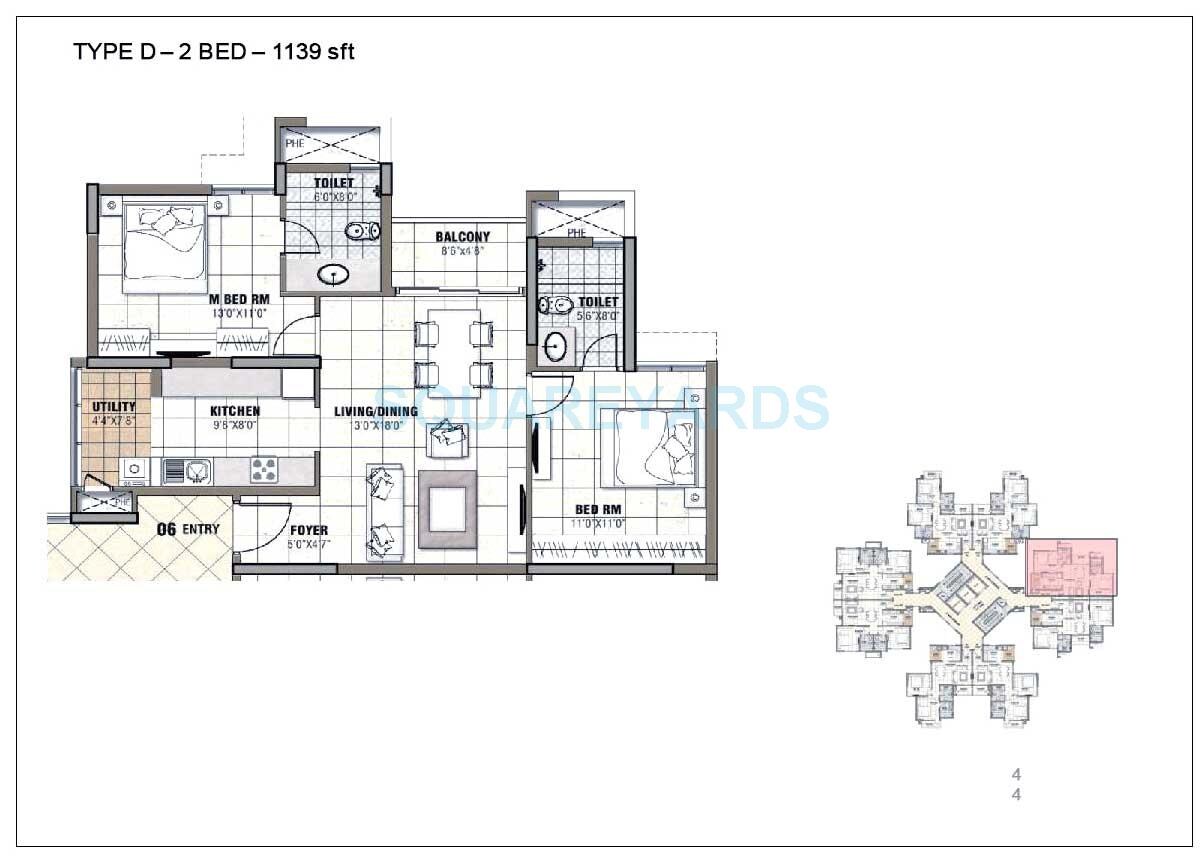 Floor plan of 2 BHK 1139 Sq. Ft. Apartment in Prestige Tranquility, Bangalore