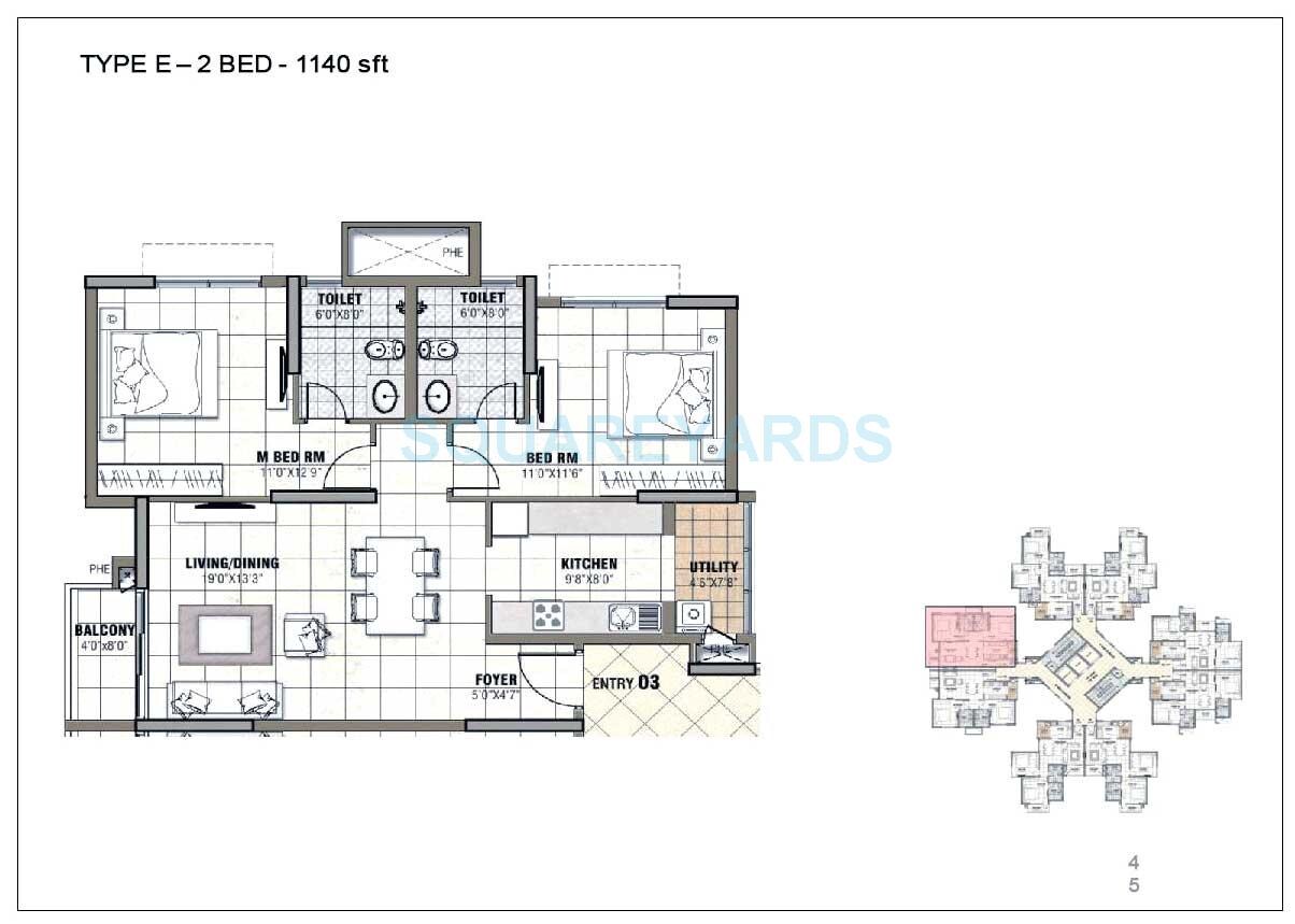 Floor plan of 2 BHK 1140 Sq. Ft. Apartment in Prestige Tranquility, Bangalore