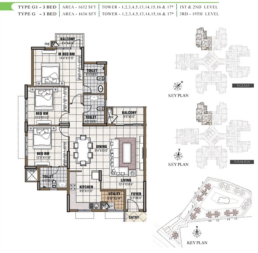Floor plan of 3 BHK 1632 Sq. Ft. Apartment in Prestige Tranquility, Bangalore