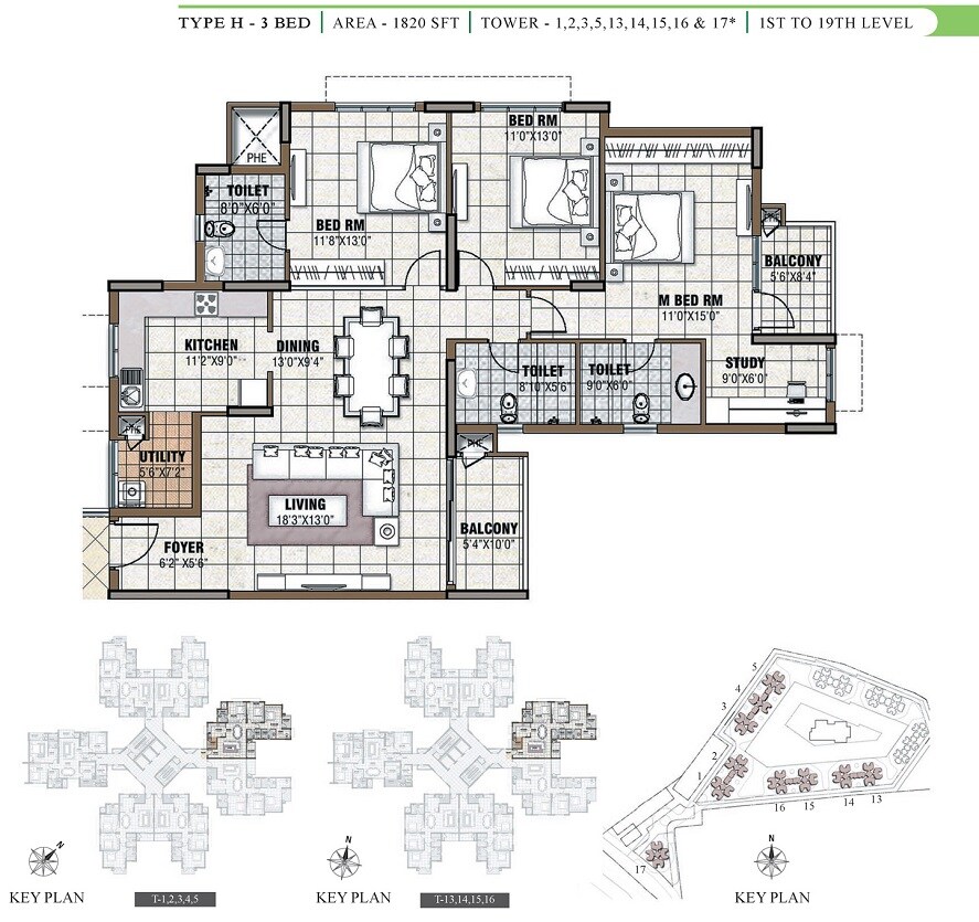 Floor plan of 3 BHK 1820 Sq. Ft. Apartment in Prestige Tranquility, Bangalore