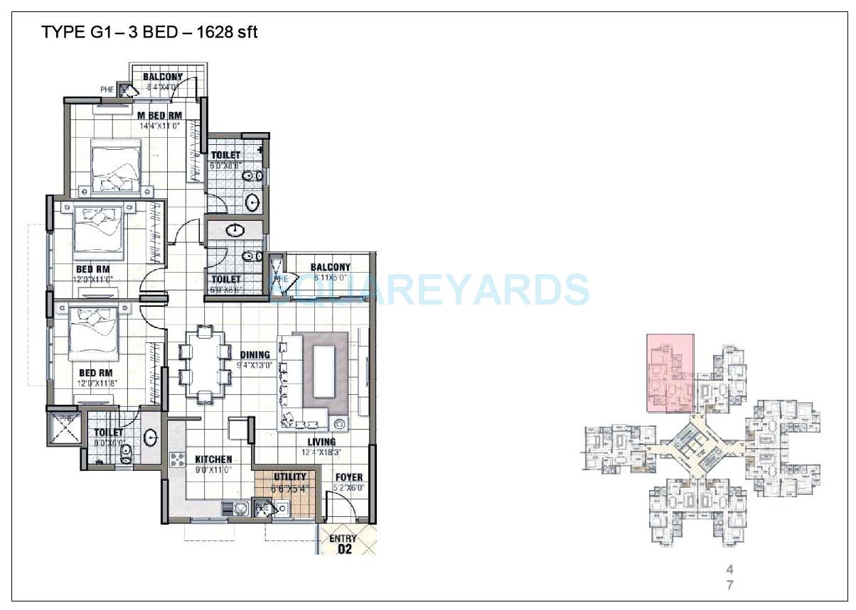Floor plan of 3 BHK 1628 Sq. Ft. Apartment in Prestige Tranquility, Bangalore