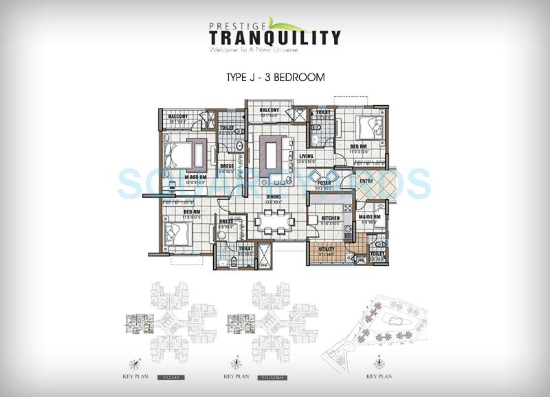 Floor plan of 3 BHK 1991 Sq. Ft. Apartment in Prestige Tranquility, Bangalore