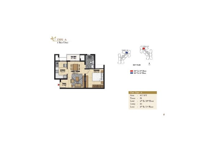 Floor plan of 1 BHK Apartment - 677 sq. ft. in Prestige Valley Crest, Bangalore