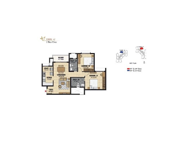 Floor plan of 2 BHK Apartment - 1376 sq. ft. in Prestige Valley Crest, Bangalore