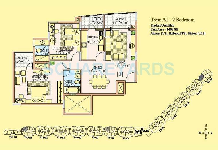 Floor plan of 2 BHK 1402 Sq. Ft. Apartment in Prestige Wellington Park, Bangalore