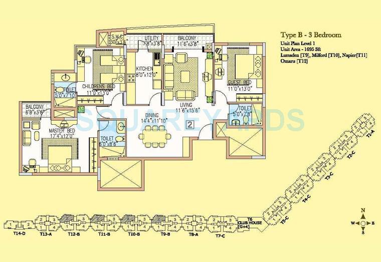 Floor plan of 3 BHK 1695 Sq. Ft. Apartment in Prestige Wellington Park, Bangalore