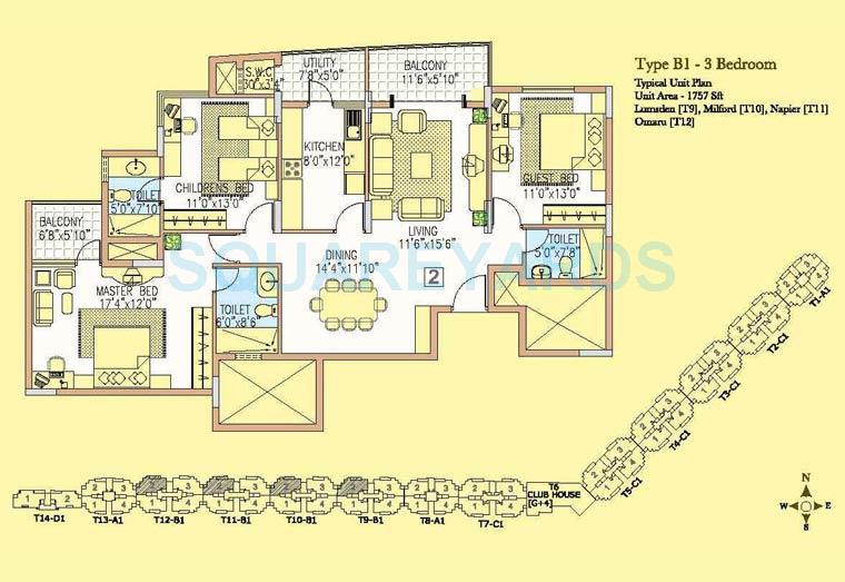 Floor plan of 3 BHK 1757 Sq. Ft. Apartment in Prestige Wellington Park, Bangalore