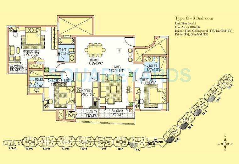 Floor plan of 3 BHK 1816 Sq. Ft. Apartment in Prestige Wellington Park, Bangalore