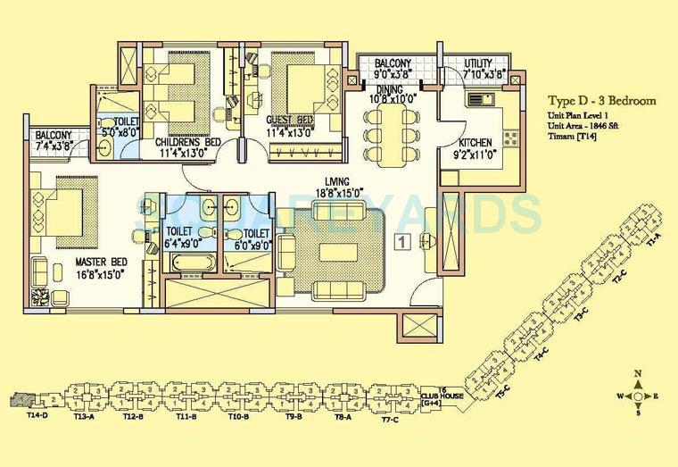 Floor plan of 3 BHK 1846 Sq. Ft. Apartment in Prestige Wellington Park, Bangalore