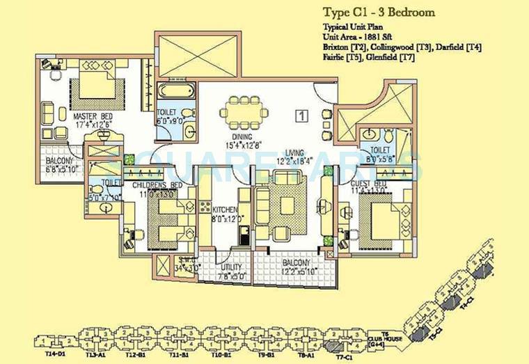 Floor plan of 3 BHK 1881 Sq. Ft. Apartment in Prestige Wellington Park, Bangalore