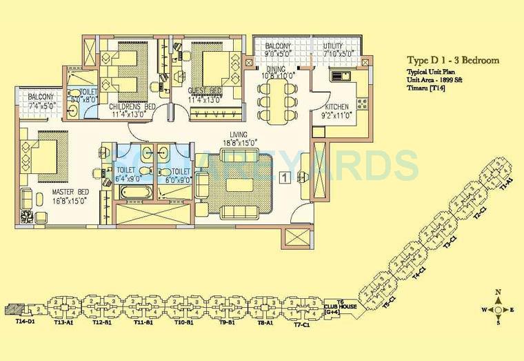 Floor plan of 3 BHK 1899 Sq. Ft. Apartment in Prestige Wellington Park, Bangalore