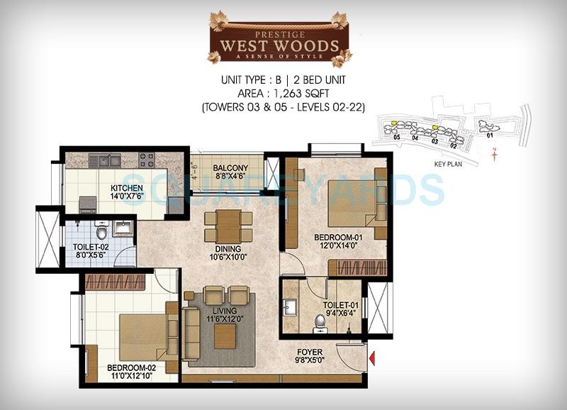 Floor plan of 2 BHK 1263 Sq. Ft. Apartment in Prestige West Woods, Bangalore