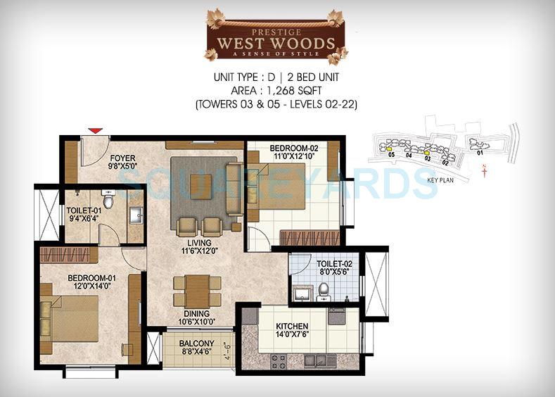 Floor plan of 2 BHK 1268 Sq. Ft. Apartment in Prestige West Woods, Bangalore