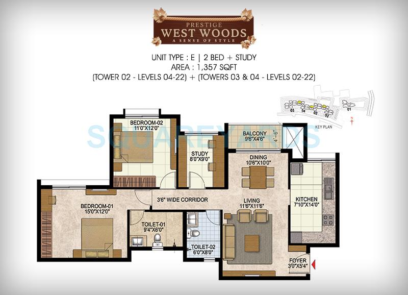 Floor plan of 2 BHK 1357 Sq. Ft. Apartment in Prestige West Woods, Bangalore