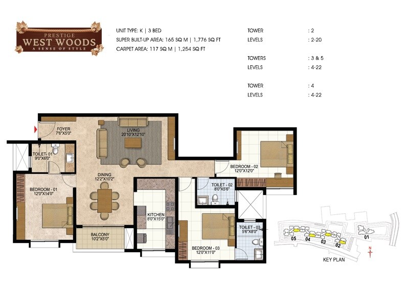 Floor plan of 3 BHK 1776 Sq. Ft. Apartment in Prestige West Woods, Bangalore
