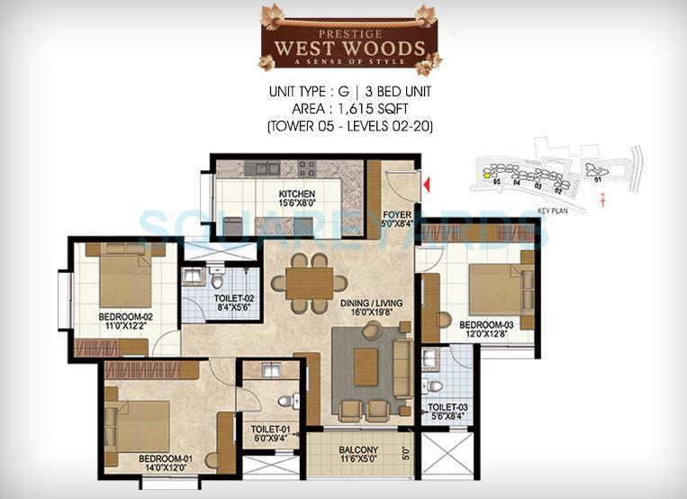 Floor plan of 3 BHK 1615 Sq. Ft. Apartment in Prestige West Woods, Bangalore