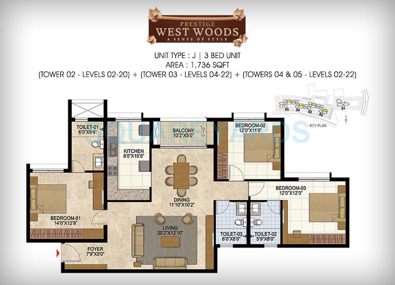 Floor plan of 3 BHK 1736 Sq. Ft. Apartment in Prestige West Woods, Bangalore