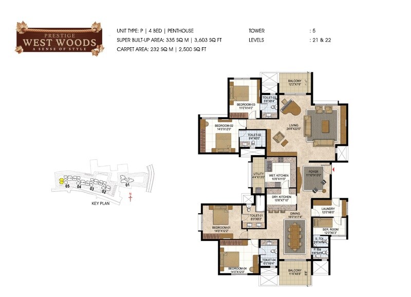 Floor plan of 4 BHK 3603 Sq. Ft. Apartment in Prestige West Woods, Bangalore
