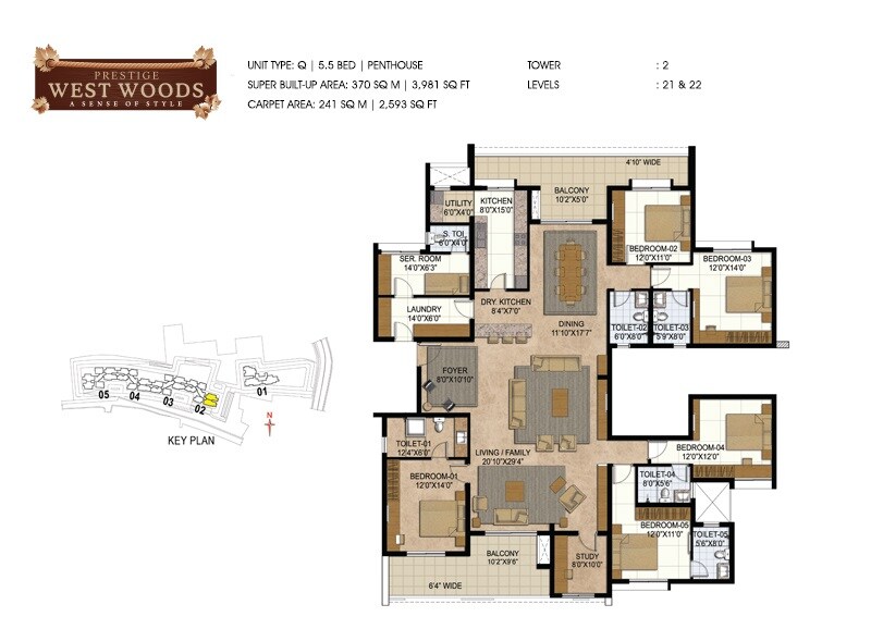 Floor plan of 5 BHK 3981 Sq. Ft. Apartment in Prestige West Woods, Bangalore