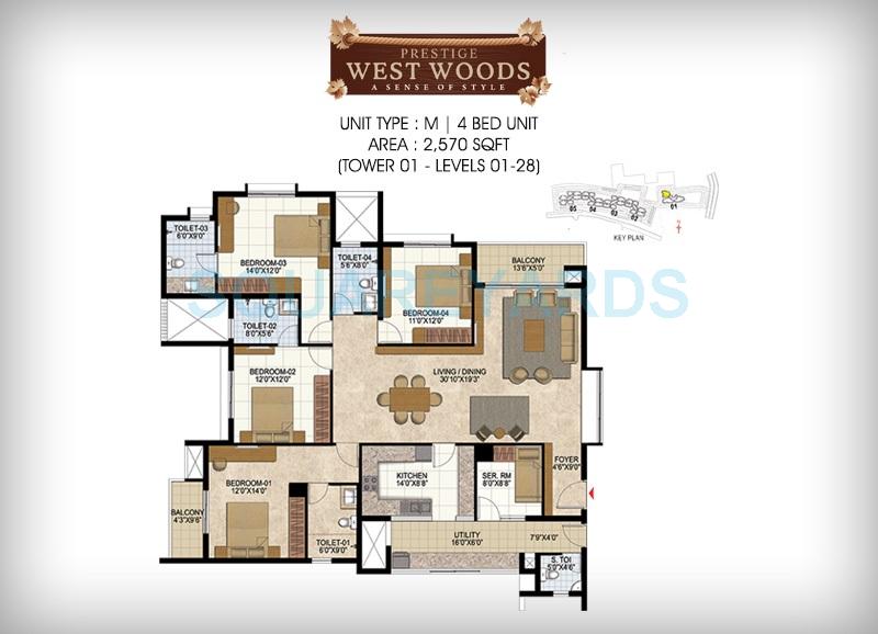 Floor plan of 4 BHK 2570 Sq. Ft. Apartment in Prestige West Woods, Bangalore