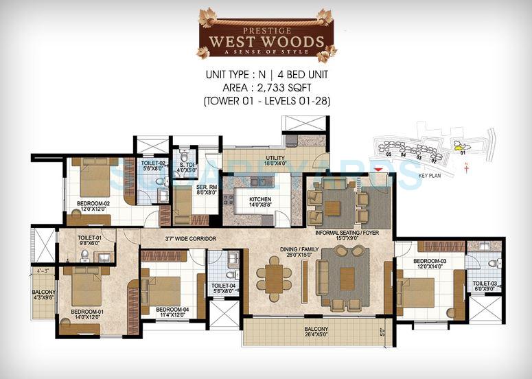 Floor plan of 4 BHK 2733 Sq. Ft. Apartment in Prestige West Woods, Bangalore