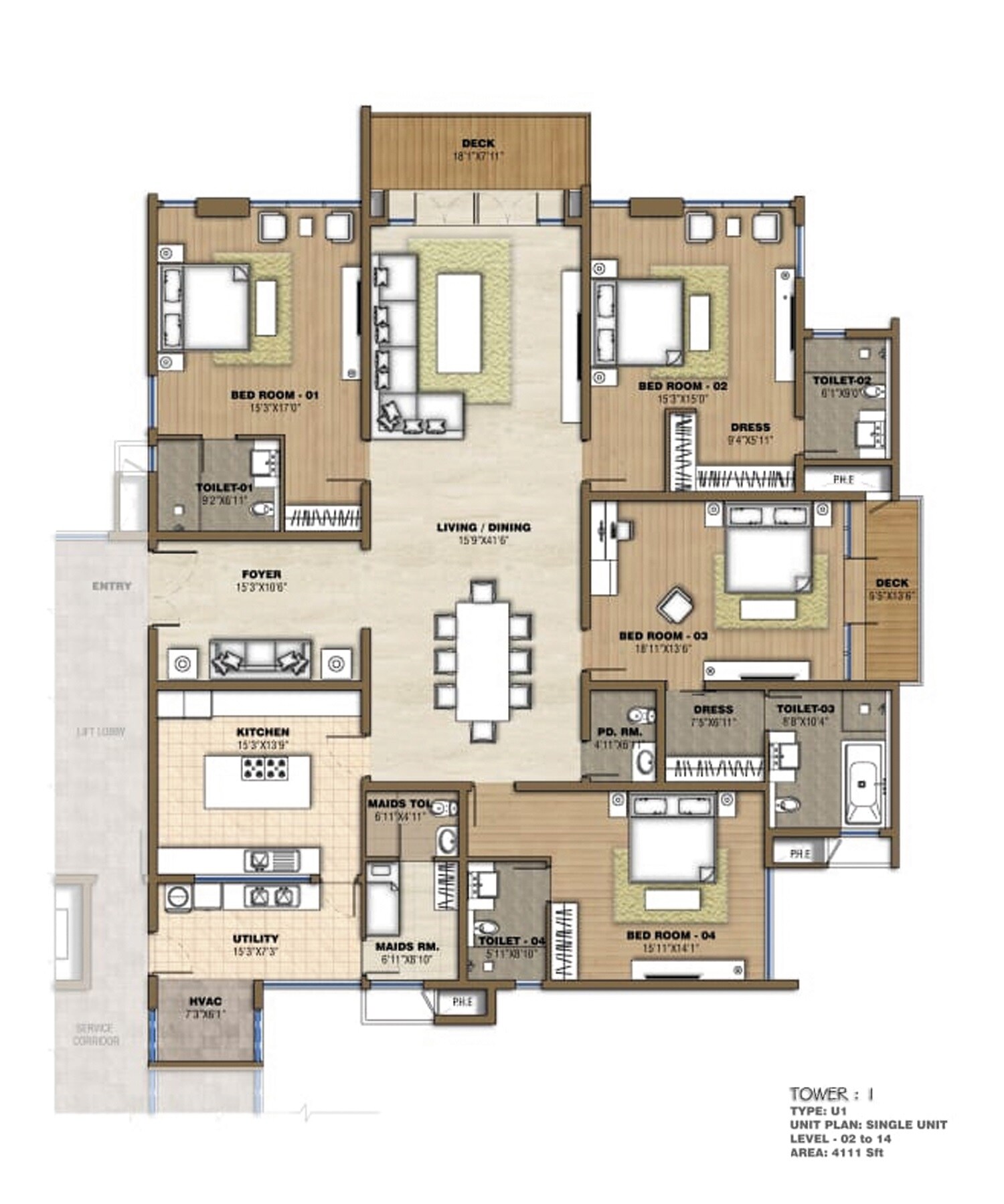 Floor plan of 4 BHK 4111 Sq. Ft. Apartment in Prestige White Meadows, Bangalore