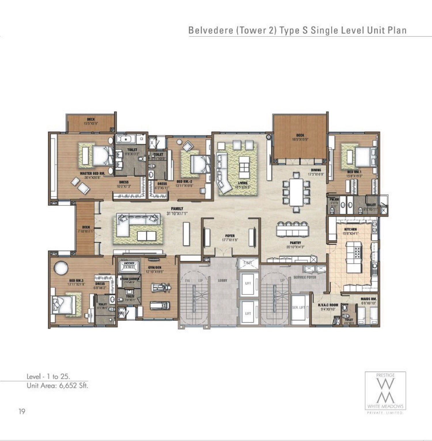 Floor plan of 4 BHK 6652 Sq. Ft. Apartment in Prestige White Meadows, Bangalore