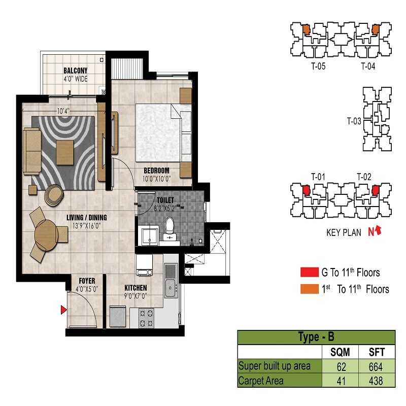 Floor plan of 1 BHK 664 Sq. Ft. Apartment in Prestige Willow Tree, Bangalore