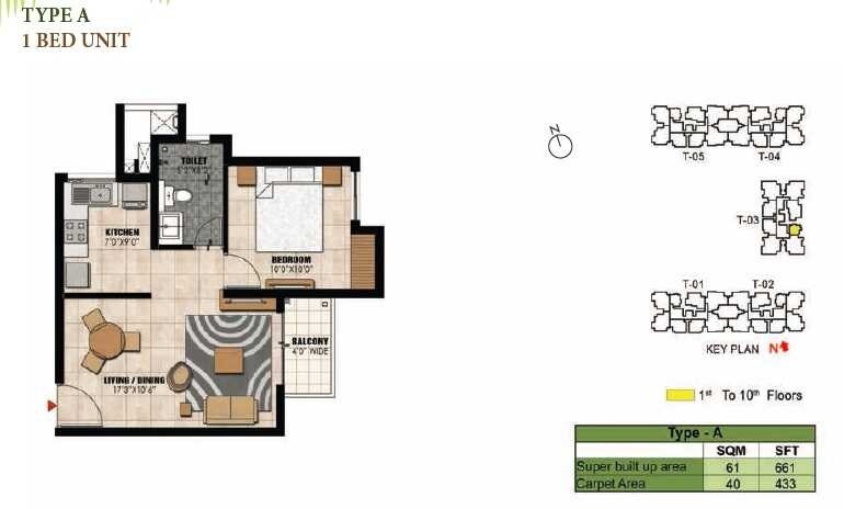 Floor plan of 1 BHK 661 Sq. Ft. Apartment in Prestige Willow Tree, Bangalore