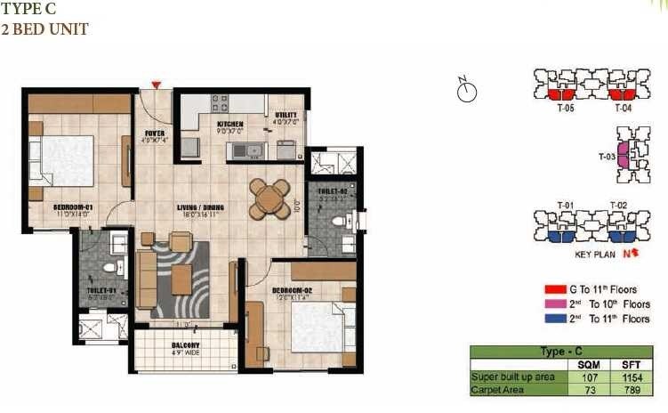 Floor plan of 2 BHK 1154 Sq. Ft. Apartment in Prestige Willow Tree, Bangalore
