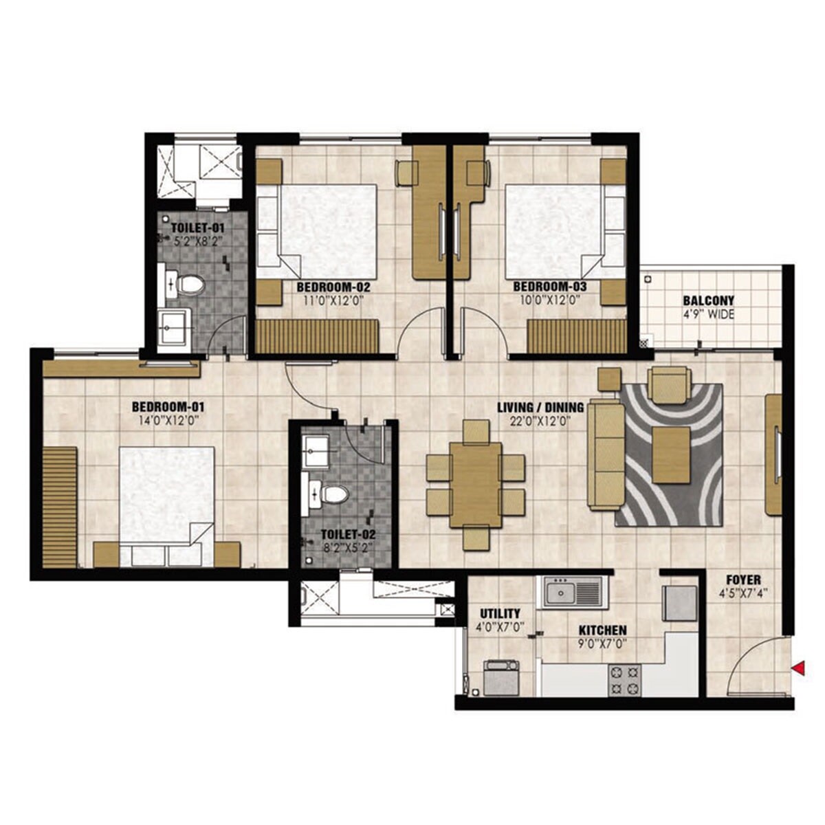 Floor plan of 3 BHK 1364 Sq. Ft. Apartment in Prestige Willow Tree, Bangalore