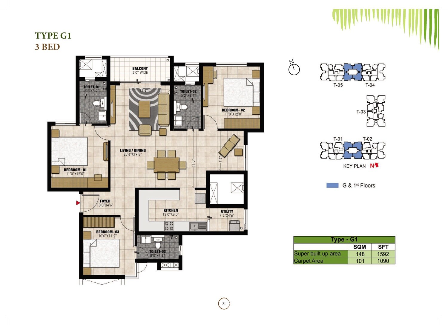 Floor plan of 3 BHK 1592 Sq. Ft. Apartment in Prestige Willow Tree, Bangalore
