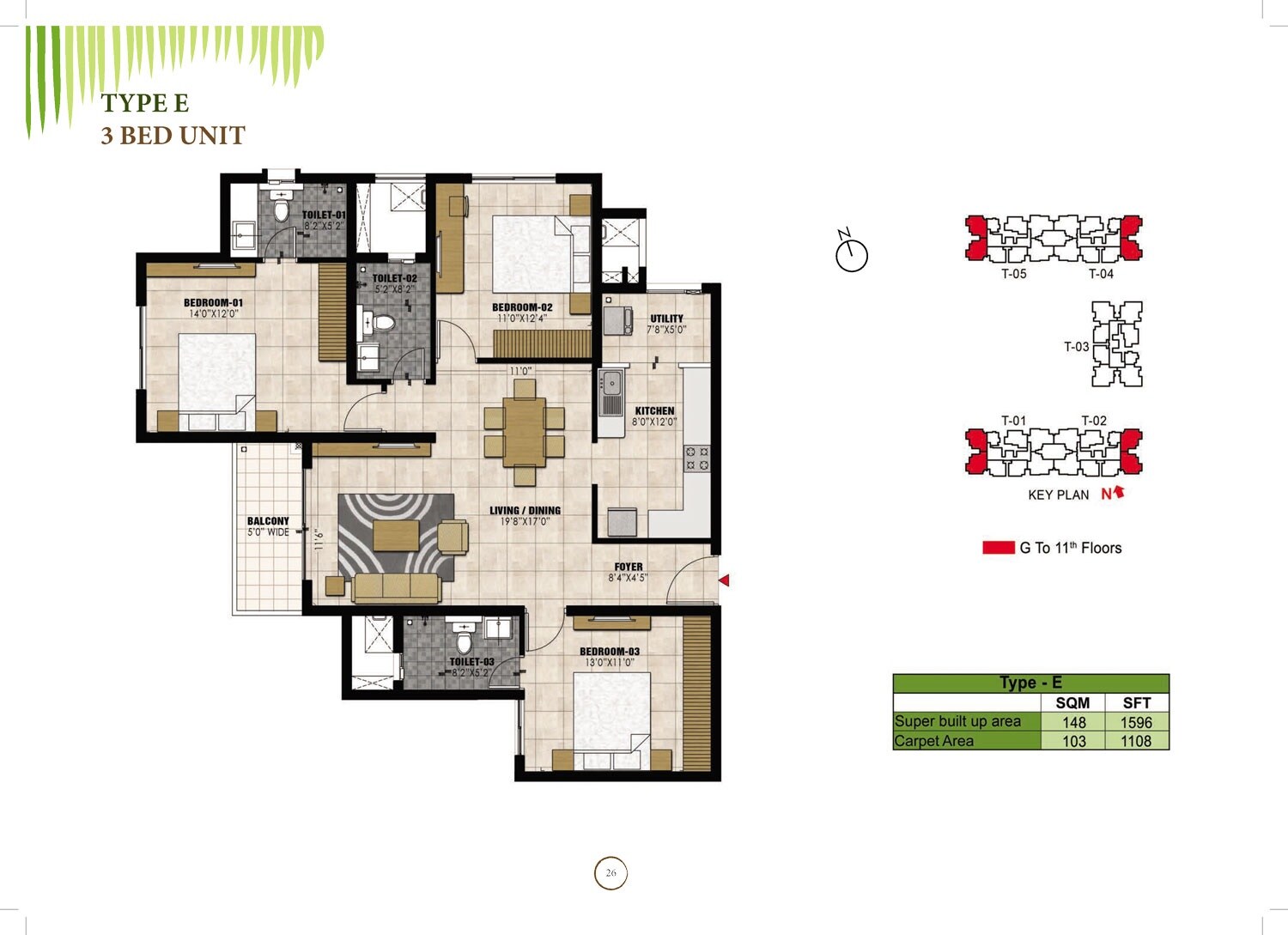 Floor plan of 3 BHK 1596 Sq. Ft. Apartment in Prestige Willow Tree, Bangalore