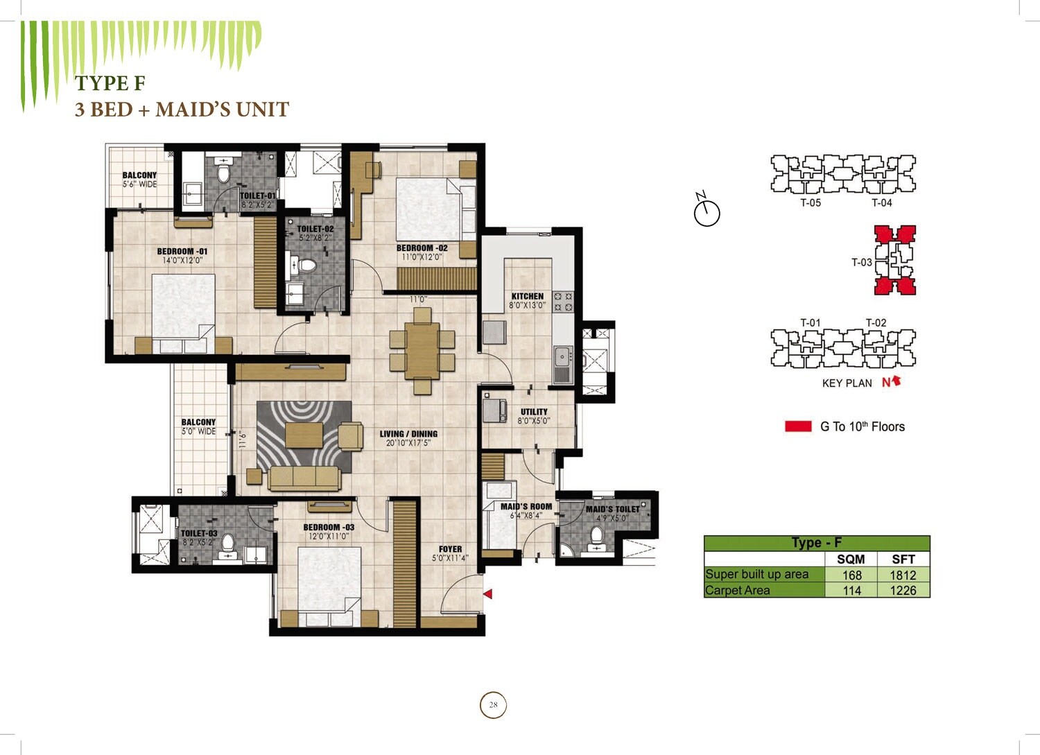 Floor plan of 3 BHK 1812 Sq. Ft. Apartment in Prestige Willow Tree, Bangalore