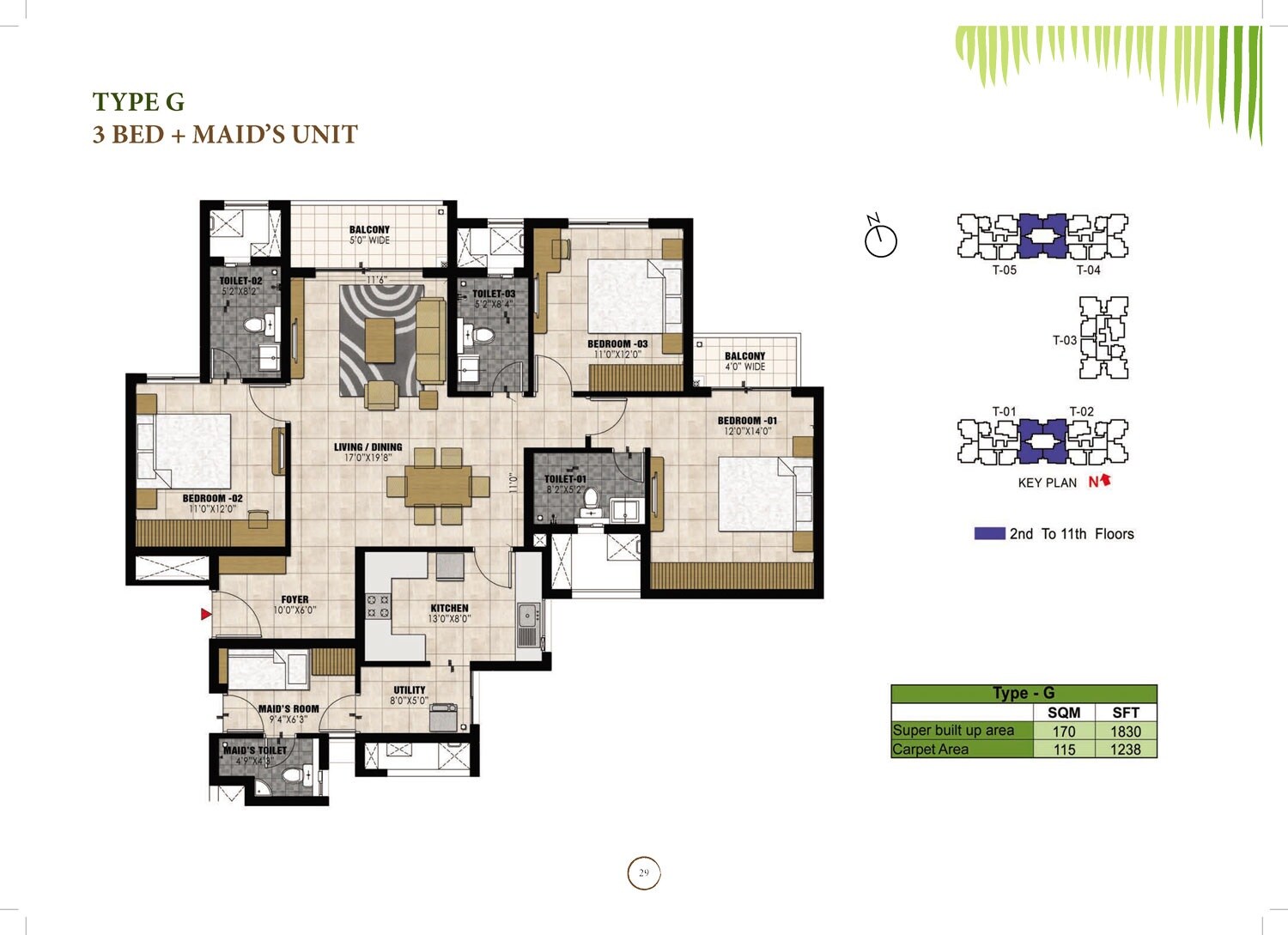 Floor plan of 3 BHK 1830 Sq. Ft. Apartment in Prestige Willow Tree, Bangalore