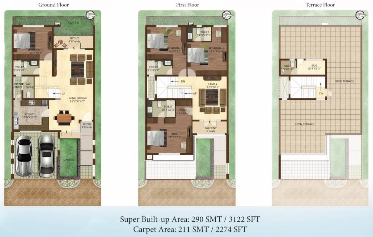 Floor plan of 4 BHK 3122 Sq. Ft. Villa in Prestige Woodside, Bangalore