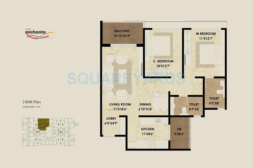 Floor plan of 2 BHK 1175 Sq. Ft. Apartment in Pride Enchanta, Bangalore