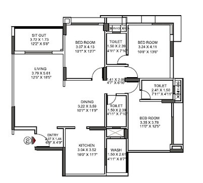 Floor plan of 3 BHK 1595 Sq. Ft. Apartment in Pride Enchanta, Bangalore