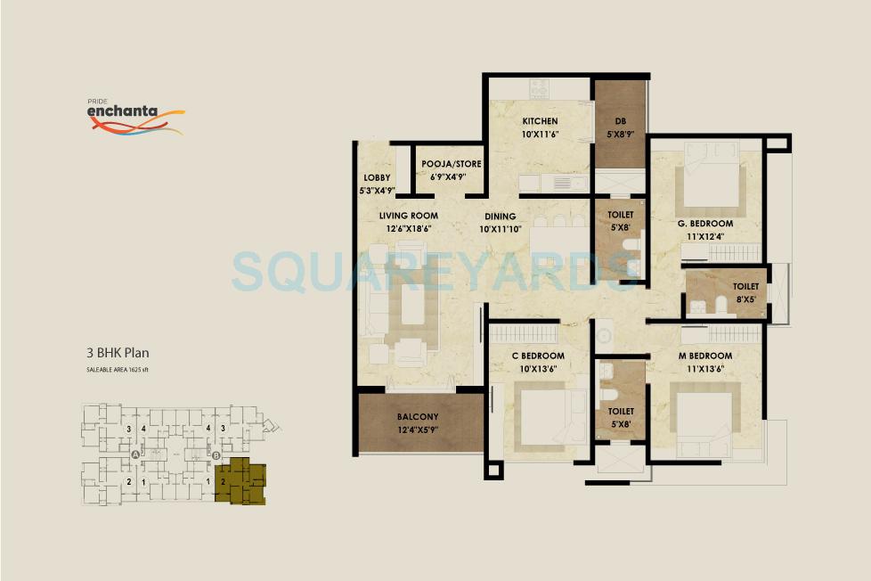 Floor plan of 3 BHK 1625 Sq. Ft. Apartment in Pride Enchanta, Bangalore