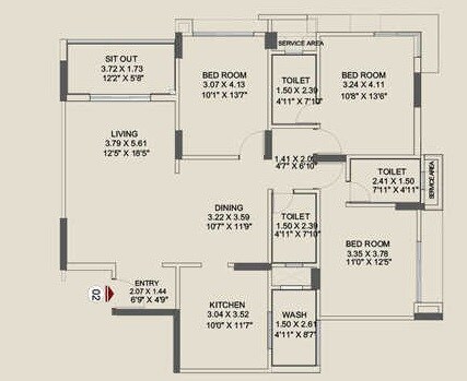 Floor plan of 3 BHK 1835 Sq. Ft. Apartment in Pride Enchanta, Bangalore