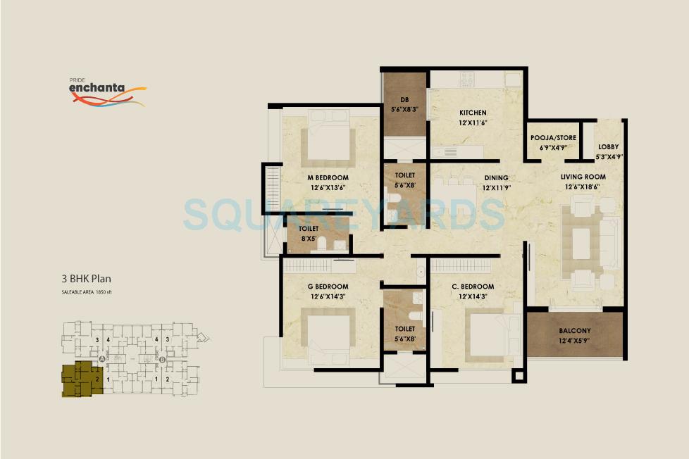 Floor plan of 3 BHK 1850 Sq. Ft. Apartment in Pride Enchanta, Bangalore